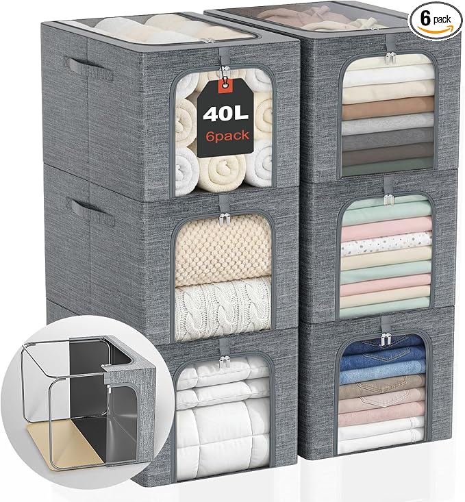 GoMaihe Clothes Storage Bin with Metal Frame: 6-Pack Stackable Closet Storage Bin with Lid & Clear Window, Sweater Boxes Storage for Closet Bedding Clothing Storage Organizer 40L by GoMaihe