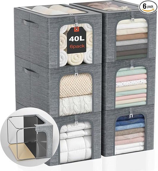 GoMaihe Clothes Storage Bin with Metal Frame: 6-Pack Stackable Closet Storage Bin with Lid & Clear Window, Sweater Boxes Storage for Closet Bedding Clothing Storage Organizer 40L by GoMaihe