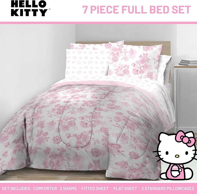 Jay Franco Comforter Set Includes Sheets and Pillow Covers - Soft and Cozy Bed Set for Stylish Room Decor, Official Licensed Bedding, Multi - Hello Kitty, 7 Piece Full - Image 2