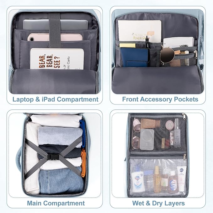Sinaliy Travel Backpack, TSA Carry on Flight Approved Backpack | Waterproof 17.3 Inch Laptop Backpack with Multi-Pockets, Personal Item Travel Bag for Work, College, Business, Light Blue - Image 7
