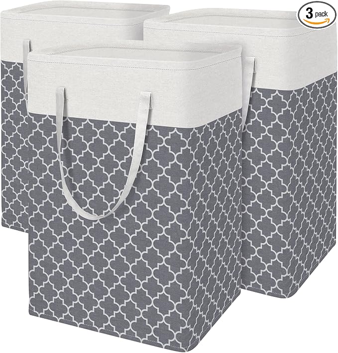 BlissTotes 3-Pack Laundry Basket, Freestanding＆Waterproof Laundry Hamper, Collapsible Tall Clothes Hamper with Easy Carry Handles for Clothes, Towels in the Family and Dorm,Clover Grey,88L by BlissTotes