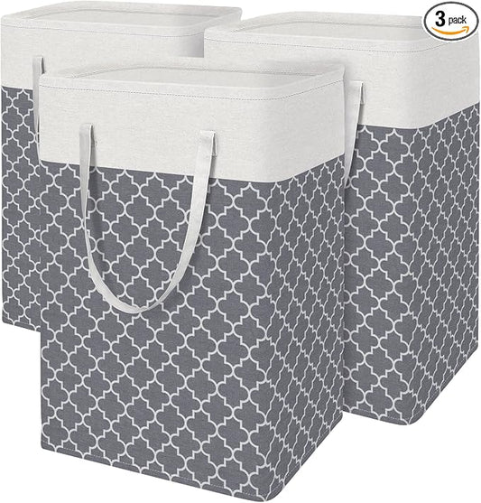 BlissTotes 3-Pack Laundry Basket, Freestanding＆Waterproof Laundry Hamper, Collapsible Tall Clothes Hamper with Easy Carry Handles for Clothes, Towels in the Family and Dorm,Clover Grey,88L by BlissTotes