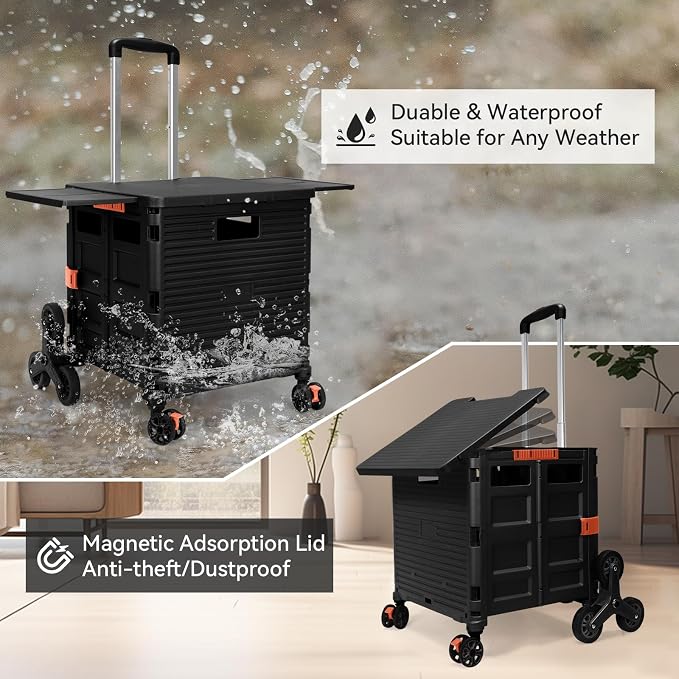 Foldable Utility Cart Portable Crate Rolling Dolly with Telescopic Handle,Can be Pulled diagonally, Magnetic Retractable Lid, 360°Swivel Climbing Wheels for Shopping Carrying Groceries Move Black - Image 5