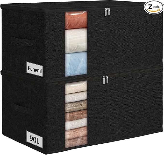 90L Blanket Storage Bags, Extra Large Comforter Storage Bag with Clear Window & Reinforced Handles, Stackable Bedding Organizer for Quilts, Duvets, Pillows, Seasonal Clothes，25.6x17.3x11.8in, Black by Punemi