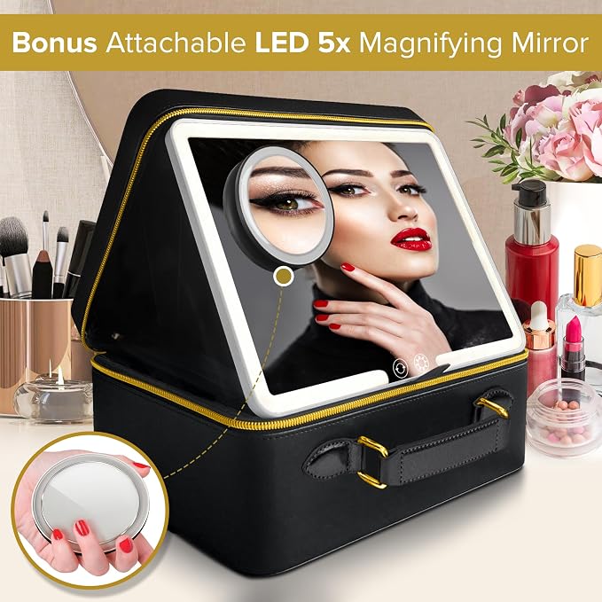 JENNI V Upscale PU Leather Makeup Bag with Light Up Mirror, 3 Brightness Settings, Adjustable Dividers - Replace Your Bulky Vanity While On the Go - Chic Travel Makeup Case Box - Makeup Organizer Bag - Image 2