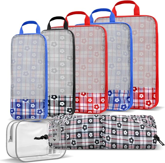 Geometric Flower Compression Packing Cubes for Travel (7 Piece) | Tear-Resistant, Separate Shoe Compartment, Travel Essential Organizer Bags for Clothes, Shoes & Toiletries, Red Blue Black - Image 2