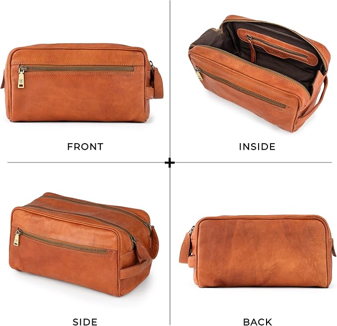 BERLINER BAGS Vintage Genuine Leather Toiletry Bag Tim M, Large Capacity Cosmetics Bag for Men and Women for Travel, Gift for Dad - Brown - Image 6