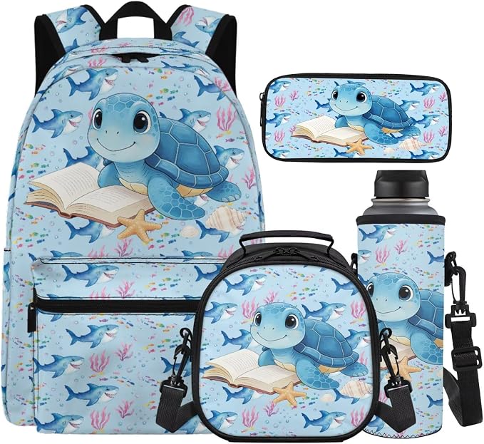 Learning Sea Turtle Backpacks for Girls School Cute Bookbag with Lunch Box Backpack for Boys Set of 4 Back to School Supplies for Elementary 8-12 Kids Bookbag for Daily by Unknown