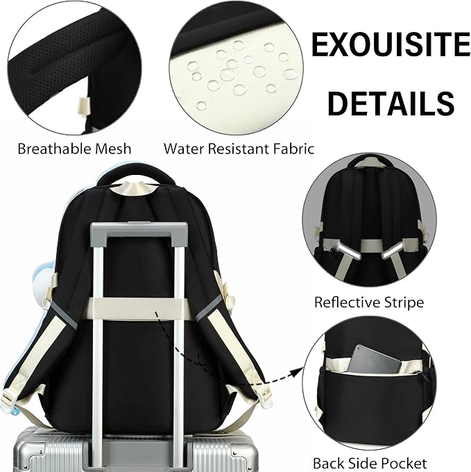 School Backpack for Girls, 3PCS Laptop Backpack 15.6 Inch with Lunch Box Pencil Pouch Set for Kids Teens Elementary Middle High School College Bookbag Student Casual Travel Daypack,Black Beige - Image 4