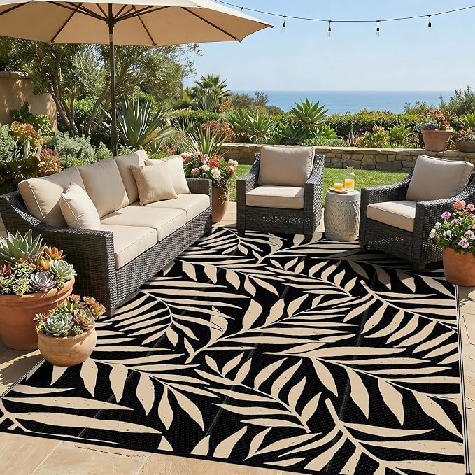 Smiry Outdoor Rug 6x9 ft, Waterproof Reversible Plastic Straw Rugs, Outdoor Area Rug with Leaf Pattern, Outside Floor Mat for Patio, Backyard, Deck, Picnic, Beach, Camping, Black & Beige by Smiry