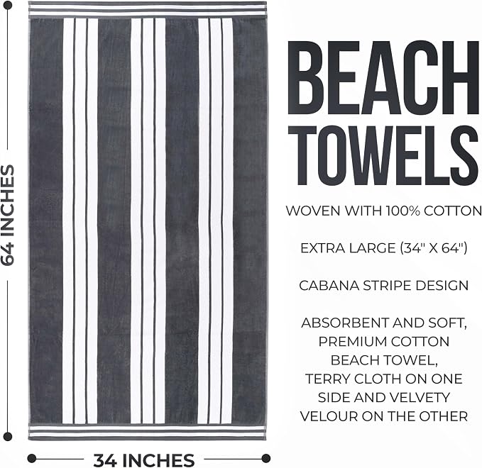 Superior Oversized Cotton Beach Towel Set of 6, Absorbent Towels For Bathroom, Beach, Pool, Swim, Adults, Kids, Vacation, Travel, Bath Sheet, Quick Dry Basics, Trip Essentials, Striped Decor, Charcoal - Image 9