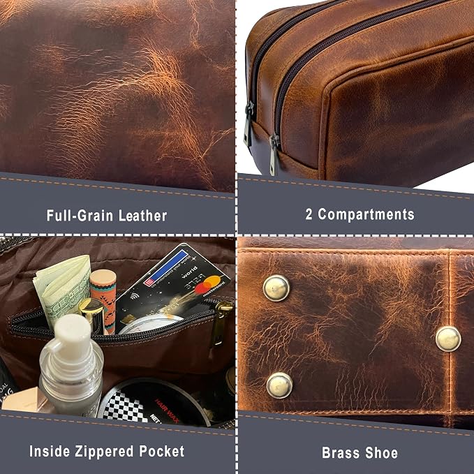 RUSTIC TOWN Leather Toiletry Bag for Men - Travel Shaving Ditty Kit - Bathroom Shower Toiletries Organizer - Leather Cosmetic Bag for Women (Antique Brown) - Image 5