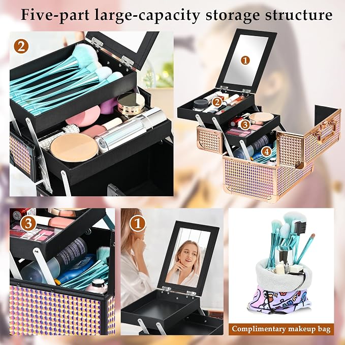 Makeup Case Organizer,Makeup Train Case, Trays Cosmetic Box Portable, Profesional for Salon Barber, Colorful Pink - Image 4