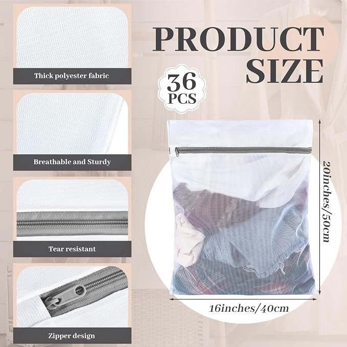 36 Pieces Mesh Laundry Bags Fine Mesh Wash Bags with Zipper Machine Washable Lingerie Bags for Washing Delicates Clothes Garment Underwear Blouse Hosiery Socks Travel, 16 x 20 Inches (Gray) - Image 2