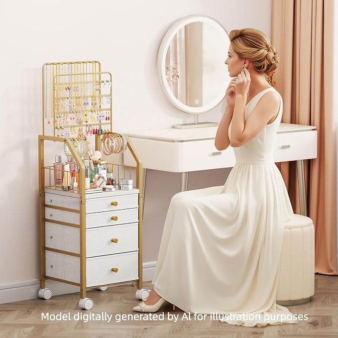 SWTYMIKI Gold Jewelry Organizer Stand - Multifunctional Rack Tower for Necklace, Earring, Ring & Bracelet Display - Moveable Storage Jewelry Holder Stand with 4 Nonwoven Drawers for Bedroom Gold - Image 6