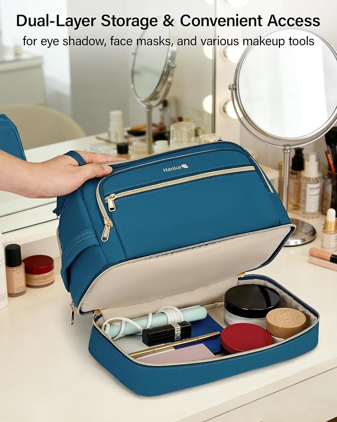 Hanke Travel Toiletry Bag, Lightweight Wide-open Makeup Bag, Dual-Layer Travel Bag for Toiletries Water-Resistant Cosmetic Bags Large Toiletry Bags for Women & Men, Travel Essentials, Navy Blue - Image 6