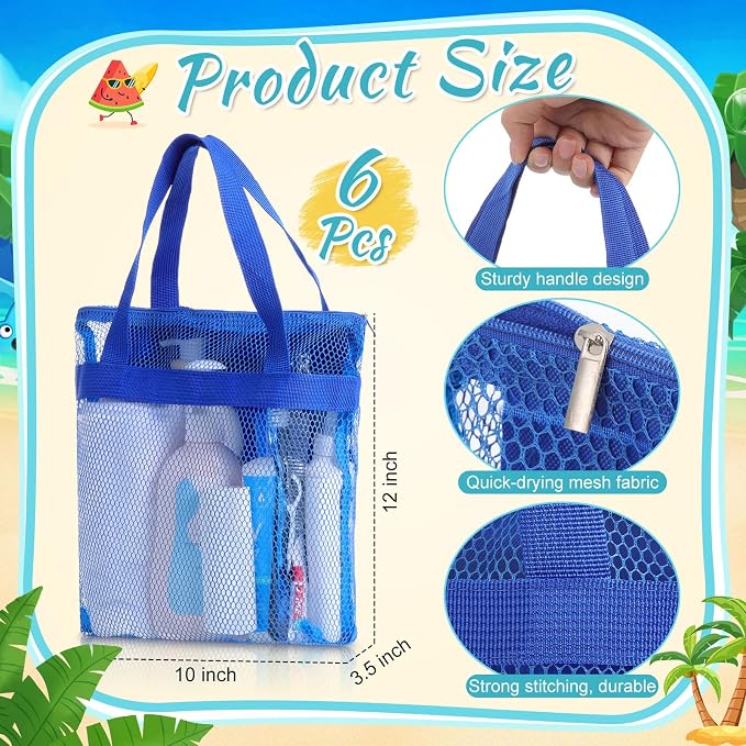 6 Pcs Mesh Beach Bags Bulk Portable Mesh Shower Caddy Bags with Zipper & 2 Pockets Hanging Toiletry and Bath Organizer for Beach Gym Camp Swimming Travel College Dorms (Classic Color) - Image 2
