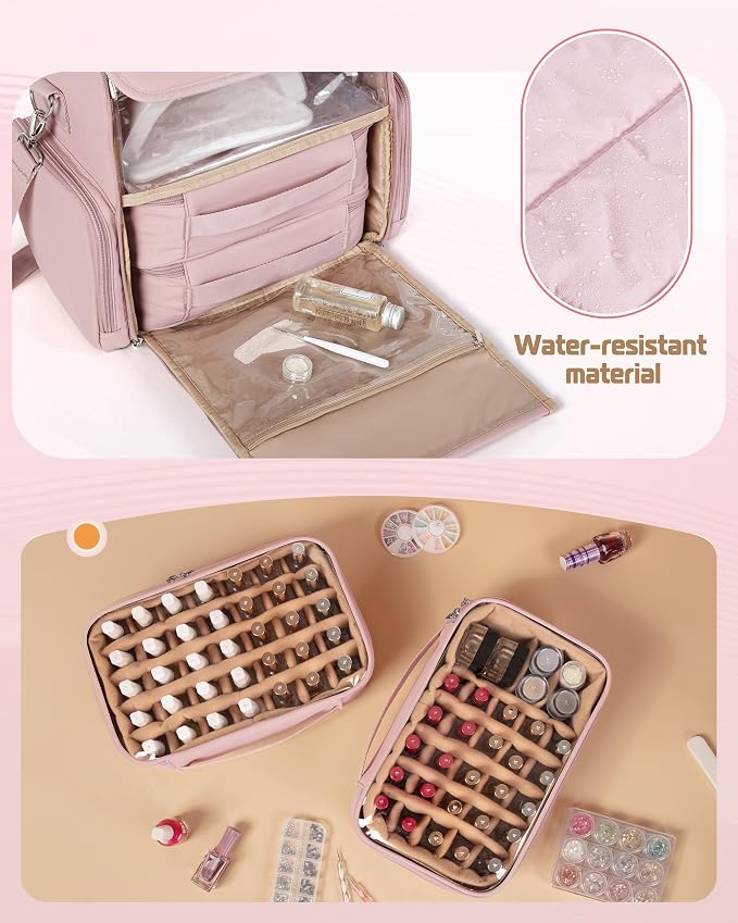 Marscamd Nail Polish Organizer Bag Holds 70 Bottles and Nail Lamp, Nail Polish Storage Case with 2 Removable Bags and Multiple Pockets, Pink - Image 3