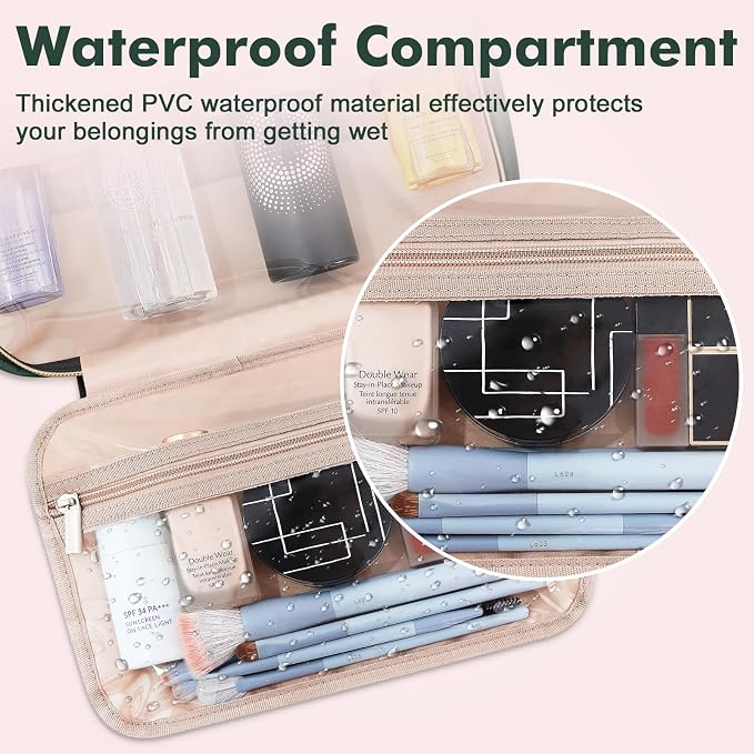 Wedama Toiletry Bag for Women, Medium Cosmetic Travel Bag, Hanging Toiletry Bag for Bathroom, Thickened PVC Waterproof Makeup Bag, Toiletries Bag for Travel Business Trips and Camping, Dark Green - Image 3