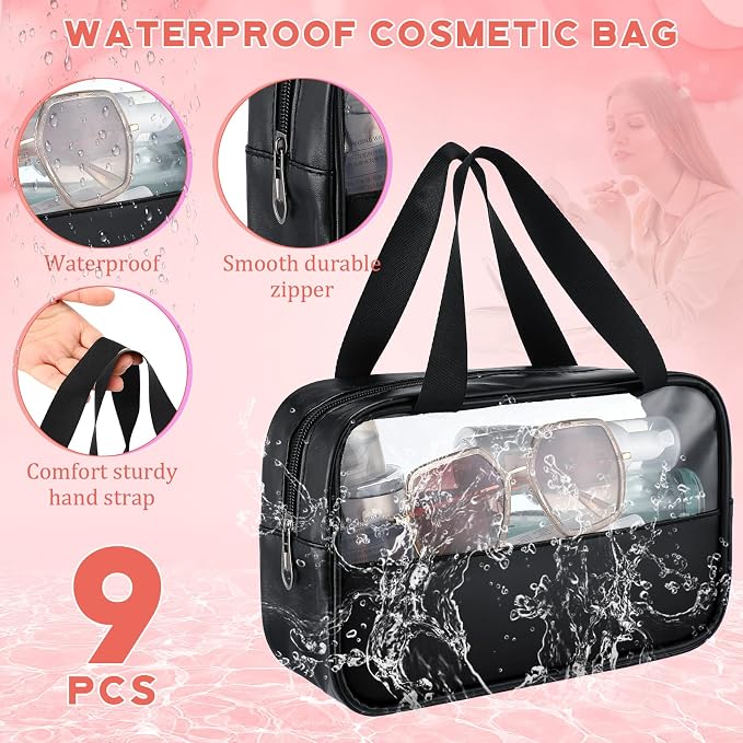 Buryeah 9 Pcs Translucent Make up Bag Toiletry Organizer for Women Men Waterproof Portable Cosmetic Travel Bag with Hanging Handles Travel Storage Carry Pouch Gifts for Bridesmaid (Black) - Image 5