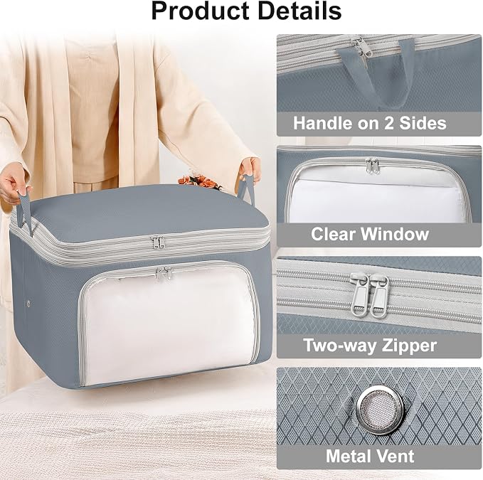 Comforter Storage Bag - Large Capacity Blanket Storage Bags Front-opening Ultra Space Saving Self Compression Organizer, Washable Compression Bags for Storage Comforter Blanket, 2 Pack, Grey - Image 7