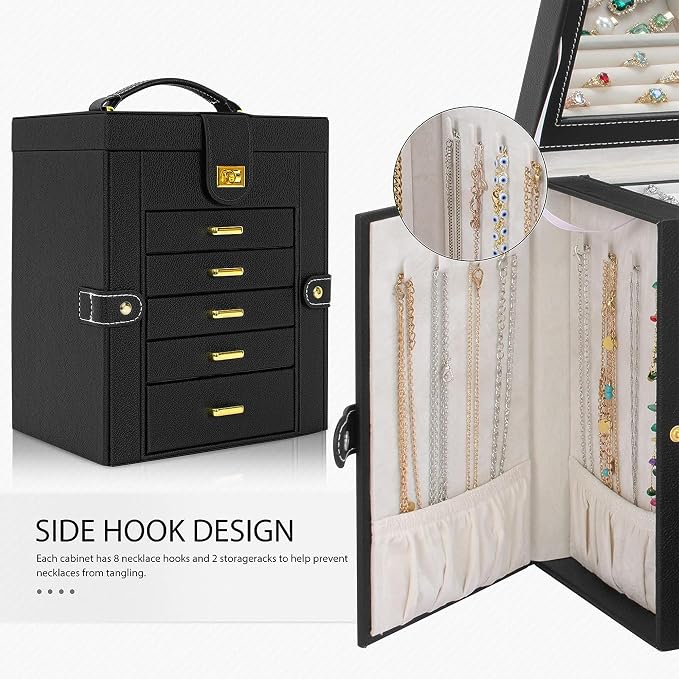 AKOZLIN 6-Tier Jewelry Box Organizer Functional 5 Drawers Leather Jewelry Storage Case for Women Girls Ring Necklace Earring Bracelet Holder Organizer with Mirror Black Regular - Image 4