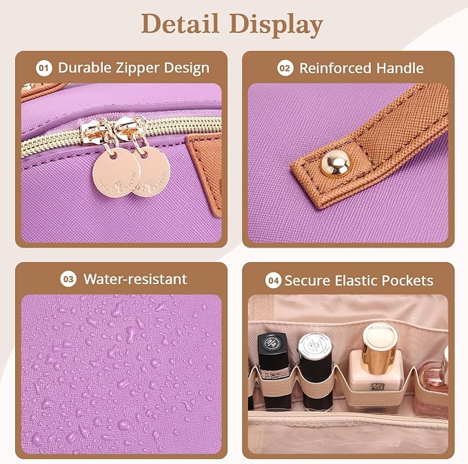 Travel Makeup Bag for Women: 3-in-1 Large Capacity Cosmetics Organizer with 2 Detachable Pouch - Vegan Leather Flat Open Toiletry Bag - Travel Essentials for Full-Sized Bottles(01-Purple) - Image 4