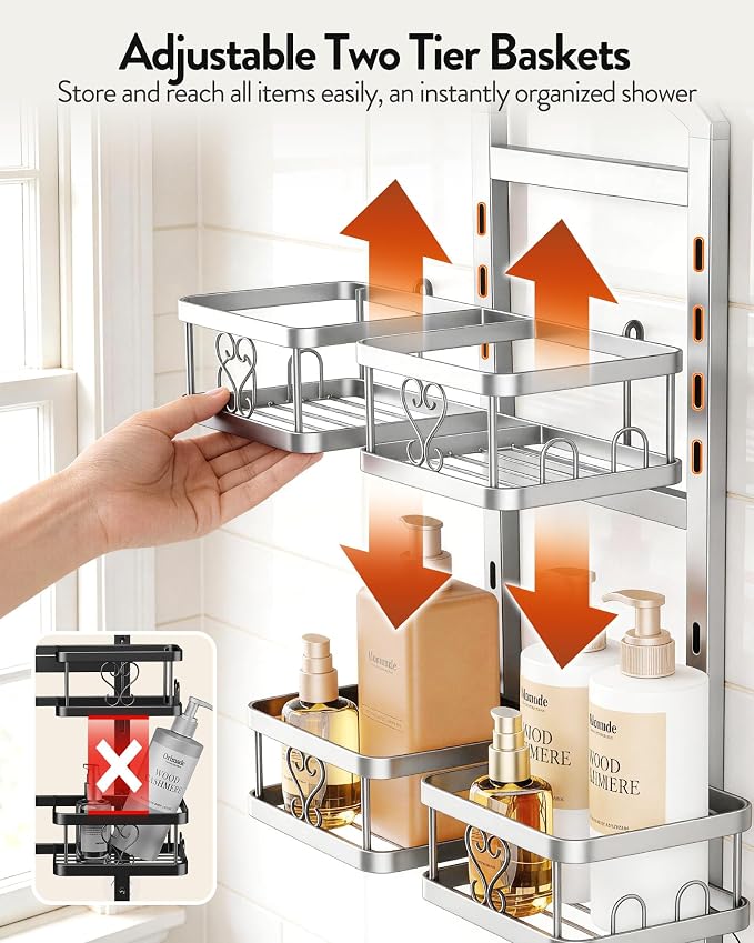 Orimade Adjustable Hanging Shower Caddy for Handheld Shower Heads, Rustproof Bathroom Shelf Organizer Over Showerhead Storage Rack with 8 Hooks, Easy-Clean Removable Baskets & Triple Anti-Slip, Silver - Image 4