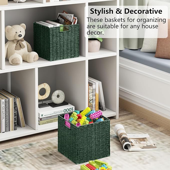 Vagusicc Wicker Storage Basket, Set of 2 Hand-Woven Paper Rope Wicker Basket, Foldable Cube Storage Bins, 9 inch Square Storage Baskets for Organizing Shelves & Decor, Green (9″×9″×9″) - Image 4