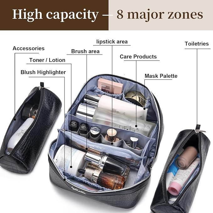 BOYATU Travel Makeup Bag Cosmetic Bags for Women: 3 Pcs Set Large Capacity Make up Bag with Handle - Crocodile Pattern Vegan Leather Toiletry Bags Travel Essentials with Compartments(E-1-Black) - Image 5