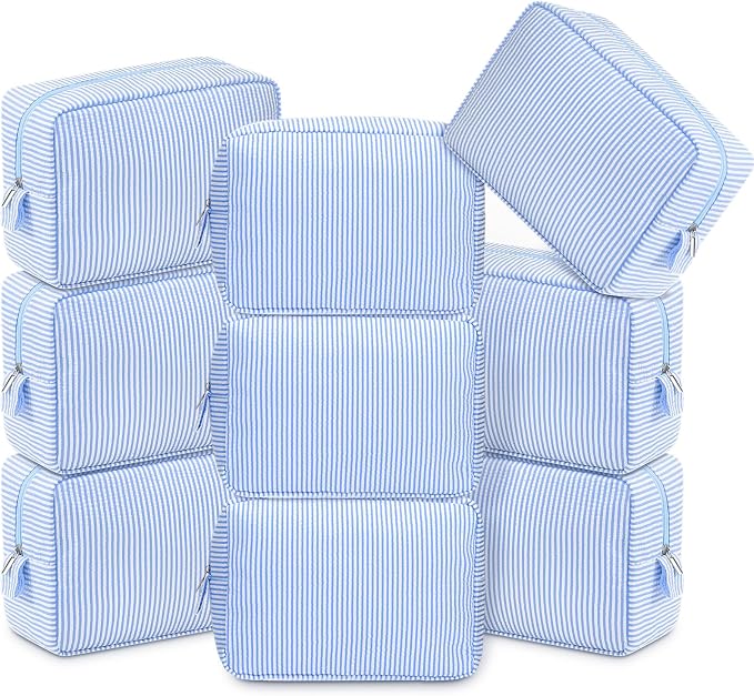 Sanwuta 9 Seersucker Cosmetic Bag Bulk Striped Makeup Bag for Women Aesthetic Cute Travel Toiletry Organizer Preppy Storage Pouch for Wedding Bridesmaid Mother's Day Teacher Gift (Large,Blue) by Sanwuta