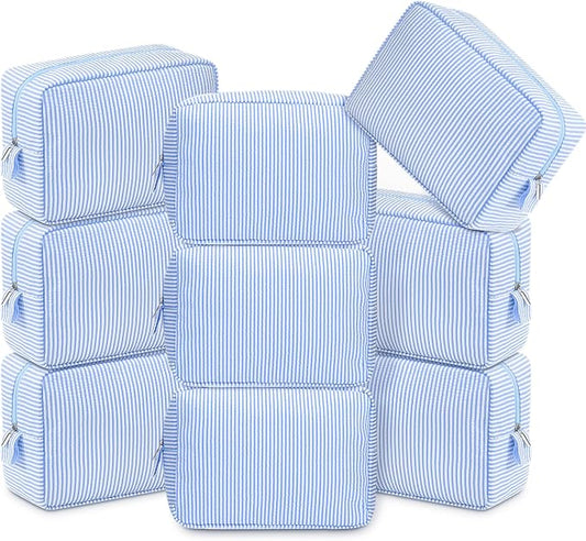 Sanwuta 9 Seersucker Cosmetic Bag Bulk Striped Makeup Bag for Women Aesthetic Cute Travel Toiletry Organizer Preppy Storage Pouch for Wedding Bridesmaid Mother's Day Teacher Gift (Large,Blue) by Sanwuta
