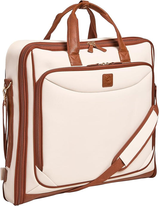 ZEGUR Premium Garment Bag Carry On for Women - Hangs Blazers, Pantsuits & More - Travel Bag with Shoulder Strap and Laptop Compartment (Beige with Saddle Brown Leather) by ZEGUR