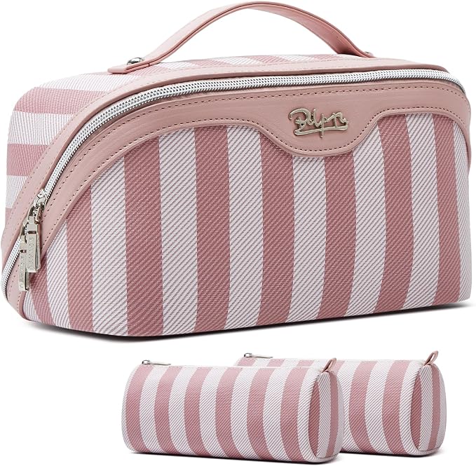 BOYATU Travel Makeup Bag Cosmetic Bag for Women: 3 Pcs Set Striped Make up Bag with Compartments - Waterproof Vegan Leather Toiletry Bags with Handle - Makeup Organizer for Travel Essentials(A-3-Pink) by BOYATU