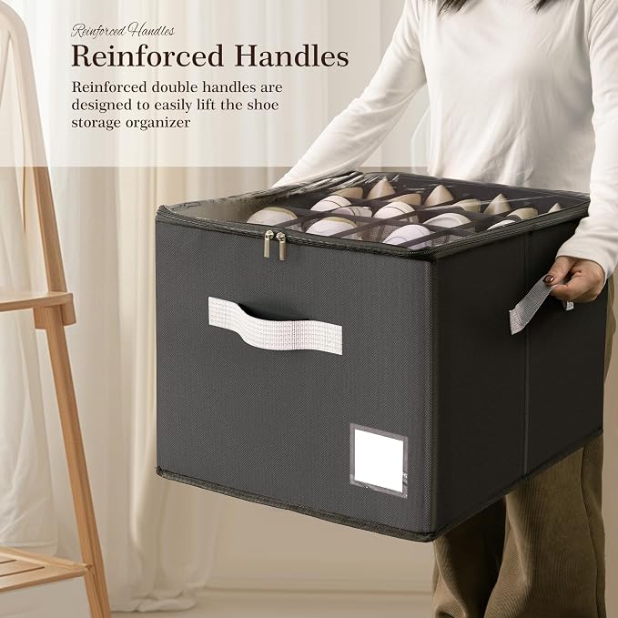 Criusia Shoe Organizer for Closet, Foldable Shoe Storage Organizer with Clear Cover and Sturdy Handles, Fit 12-16 Pairs, Closet Organizer for Shoes Sneakers Sandals Heels, 2 Pack, Black - Image 5