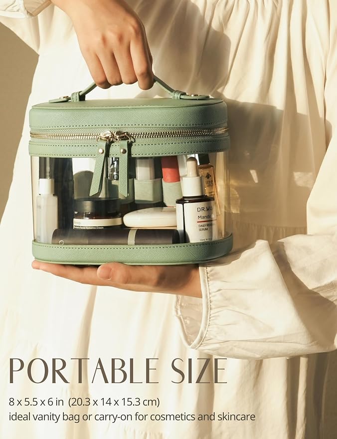Popvibe Travel Makeup Case Clear Vanity Bag with Brush Holder, Compact Leather Train Case Sage Green Make Up Bag Storage Organizer Luxury Cosmetic Case Travel Essentials Cute Portable with Handle - Image 4