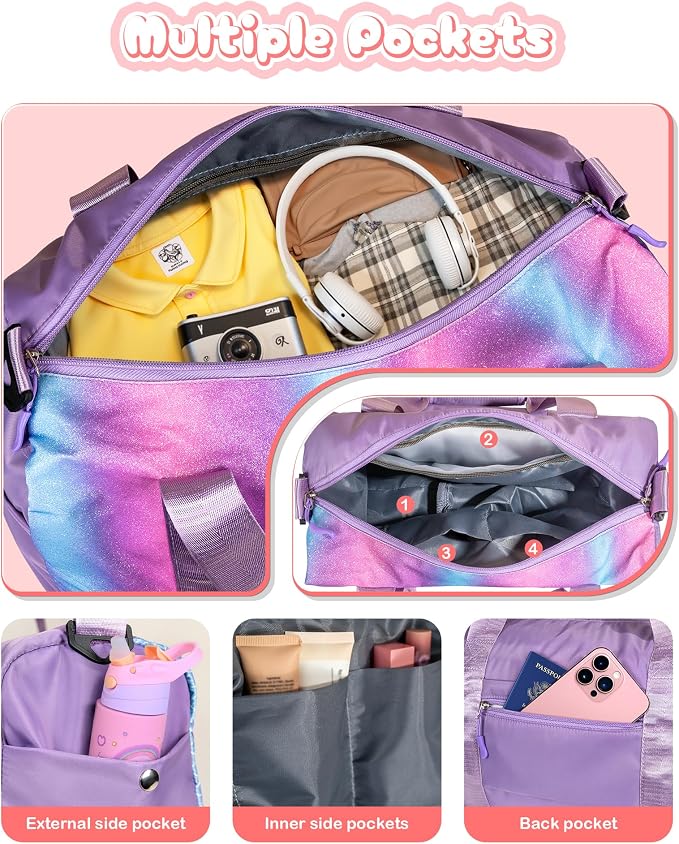 Gifts for 3 4 5 6 7 8 9 10 Year Old Girls-Girl Gym Bag with Shoe Compartment, Kid Personalized Weekender Overnight Bags, Initial Travel Tote with Makeup Pouch, Graduation Gift (Letter M) - Image 5