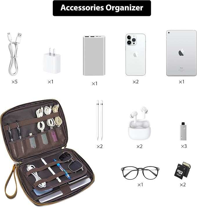 LANNSYNE Full Grain Leather Electronic Organizer Accessory Travel Tech Pouch, Cable Accessories Bag, Storage Carry Case for Charger, Phone, Power Bank, Cables - Image 5