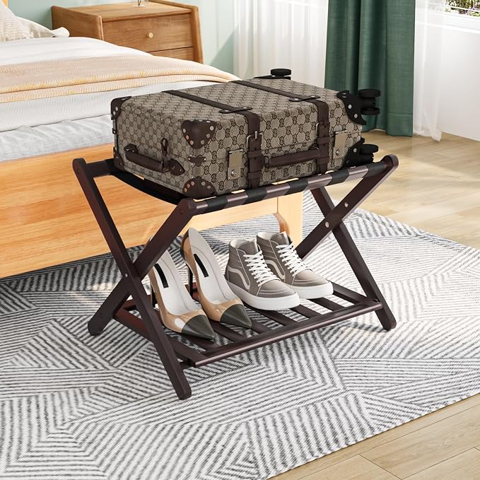Smuxee Fully Assembled Brown Luggage Rack, Upgraded Bamboo Foldable Suitcase Stand with 5 Nylon Straps, Luggage Holder with Shelf for Guest Room Bedroom Hotel - Image 7