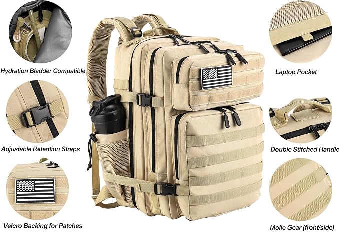 LHI Military Tactical Backpack for Men and Women 45L Army 3 Days Assault Pack Bag Large Rucksack with Molle System - Cream - Image 4