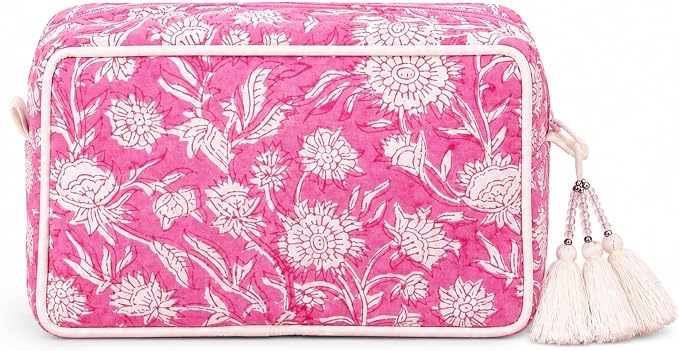 Travel Makeup Bag- Large Capacity Cosmetic Bags for Women - Water Resistance Lining Portable Pouch & Open Toiletry Bag - Perfect Girls Makeup Organizer for Travel Essentials (White & Pink Floral) by Huar