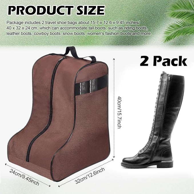 2 Pcs Boot Bags for Cowboy Boots Portable Storage Bag for Travel Long Tube Shoes Bags Men Tall Shoe with Handle for Home (Brown) - Image 2