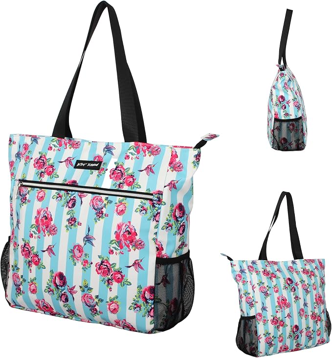 Betsey Johnson 15.6 Inch Zipper Beach Tote Bag Lightweight Large Durable Polyester with Mesh Side Pockets for Gym Work | 15.6 Inch - Image 5