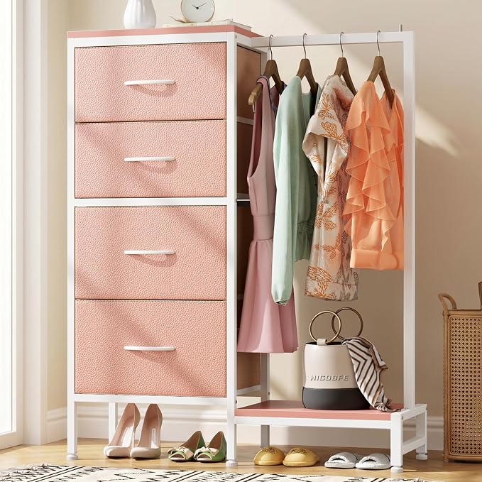 HIGDBFE Dresser with Hanging Rack, 4 Drawers Small Closet for Bedroom, Reversible Fabric Kids Chest of Drawers with Clothes Rack, Tall Storage Tower, Sturdy Frame, Pink, 44''H by HIGDBFE