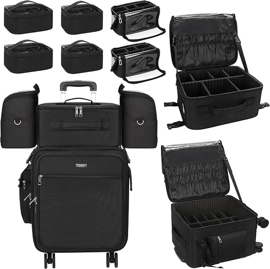 Relavel Rolling Makeup Case Professional Makeup Train Case, Rolling Makeup Kit Bag Makeup Artist Travel Bag with Wheels, 4-in-1 Portable Travel Beauty Trolley Case for Cosmetology Storage(Black) by Relavel