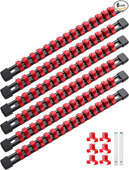 ALOANES 6PC ABS Socket Organizer, Socket Rails Fit 3/8 inch Drive | Portable Heavy Duty Socket Holders Hold up 90 Sockets for Toolbox Drawer Bags(Red) by Aloanes