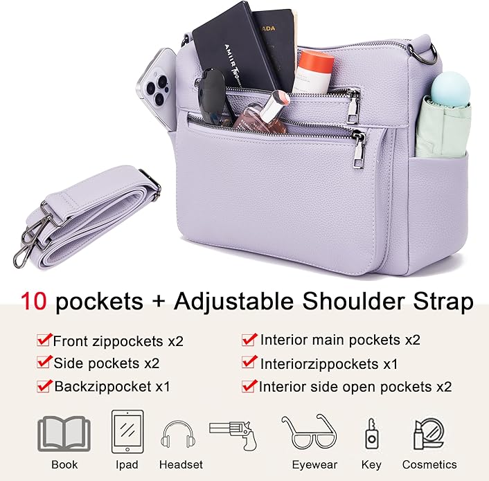 YZAOLL Large Crossbody Shoulder Bag for Women Vegan Leather Tote with Adjustable Wide Strap Work Purse with 10 Pockets