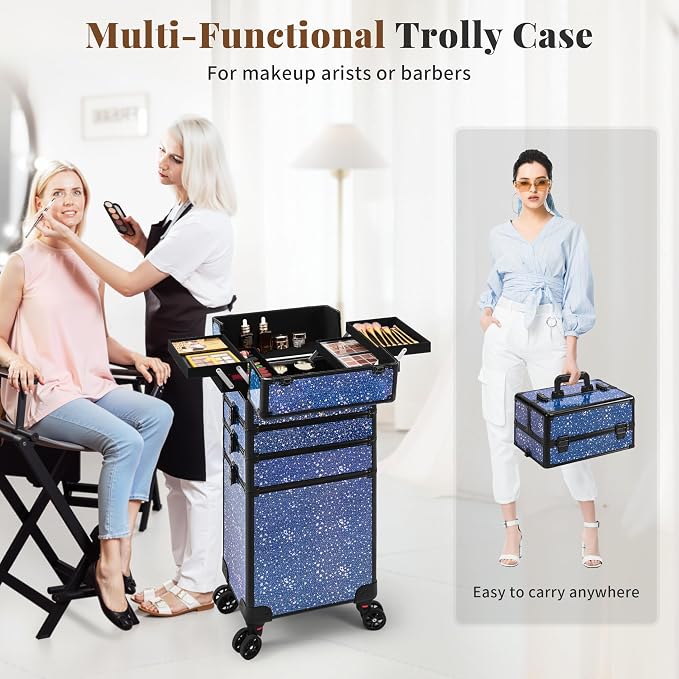 AROUS Rolling Makeup Train Case 5 in 1 Cosmetology Case on Wheels Large Cosmetic Organizer Travel Cart for Hairstylist Artist Nail Beauty Salon Barber,Blue - Image 5