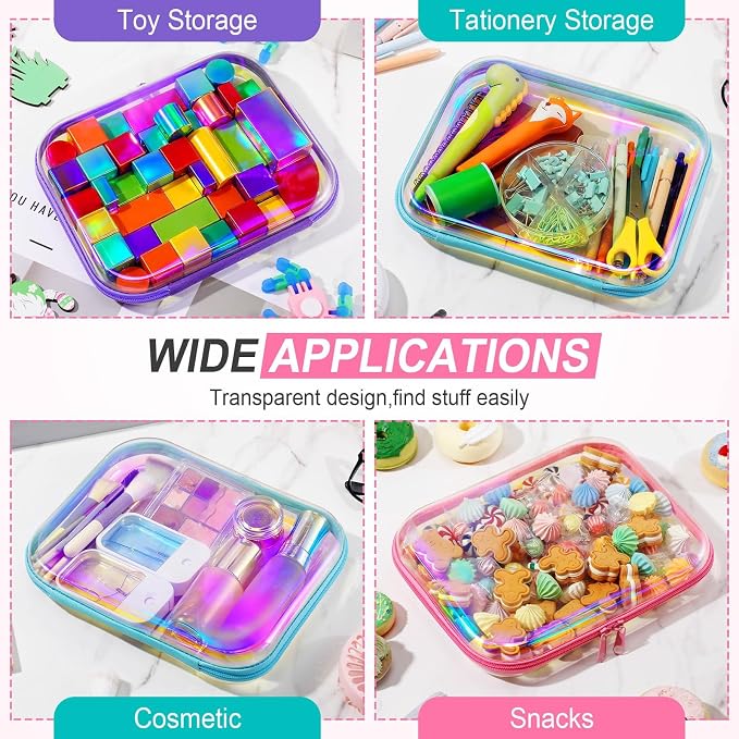 Sanwuta 6 Pcs Clear Hard Zipper Case Plastic Zipper Pouches Transparent Makeup Bag Pencil Case Pouches Toiletry Diaper Bag for Travel Toy Storage Organizer Bins(Holographic,9.84 x 7.87 x 2 Inch) - Image 7