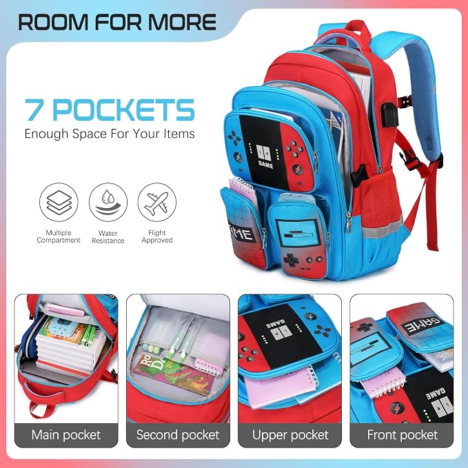 Jafeton School Backpack for Boys, 4 PCS Gamer Boy Backpack Set with Bento Box, Lunch Box & Pencil Pouch, Waterproof Schoolbag for Boys Kids Teens, Elementary Middle School, Kid Bookbag Casual Daypack - Image 3